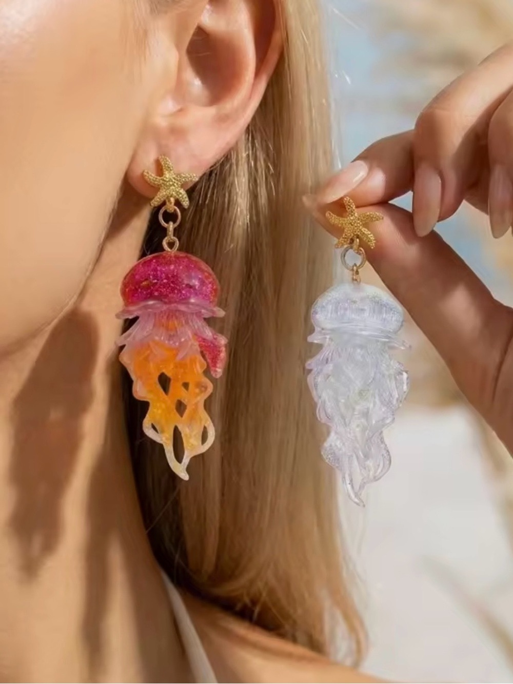 NEW Sea Star Jellyfish Drop Earrings — Pink & Clear Jellyfish Design